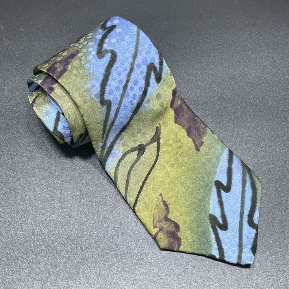 Vtg Marienbad Abstract Necktie Olive Blue Hand Paint Designer Tie 3.75" Artwear